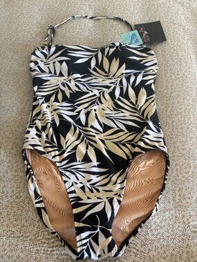 Shape FX Black Tropical Leaf One‑Piece Swimsuit Size 4 NWT